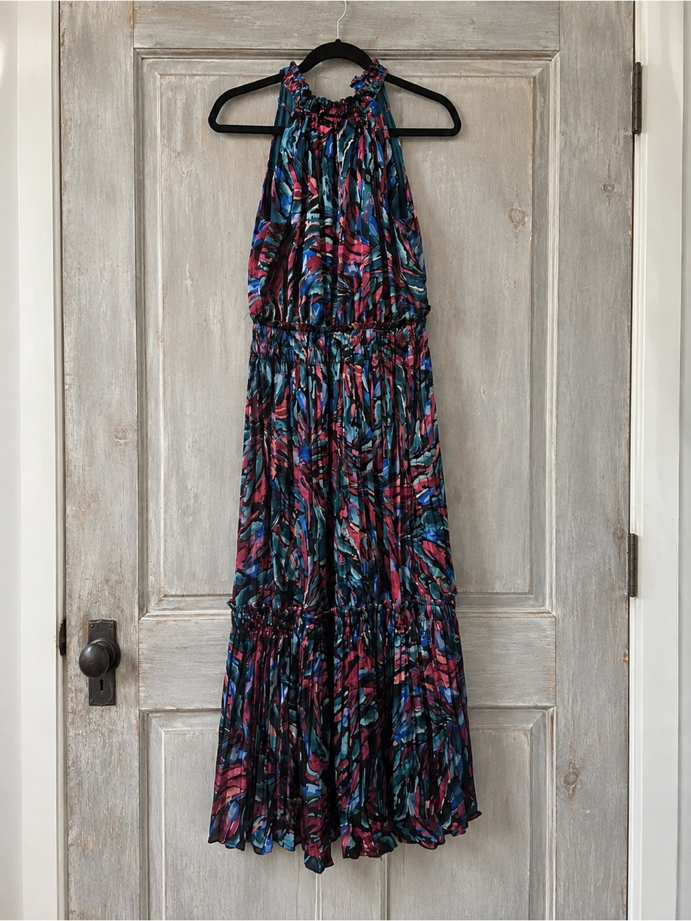 Sleeveless Halter Maxi Dress in Teal & Magenta